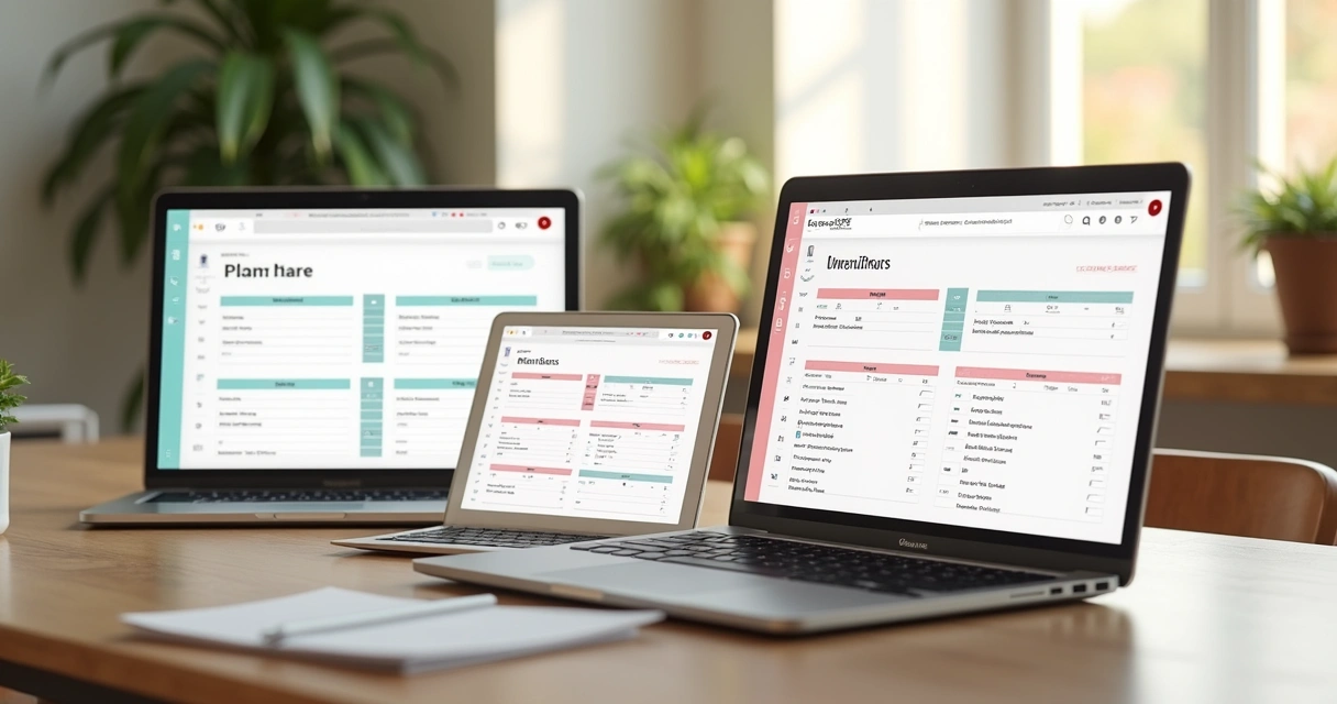 Várias telas de notebook exibindo templates de planner, agenda e cardápio 