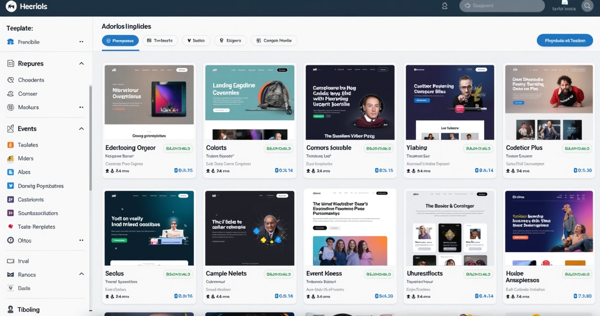 Tela com variedade de templates de landing page em categorias distintas 