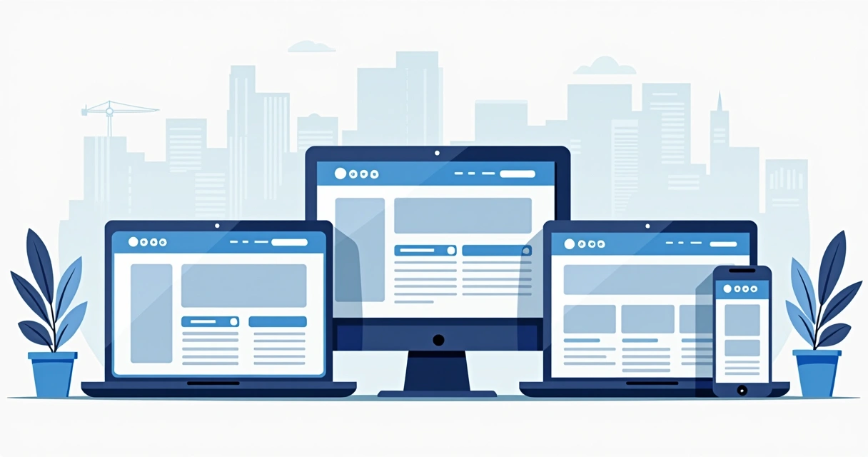 Exemplo de três templates responsivos para sites diferentes, mostrados em celulares e computadores lado a lado. 