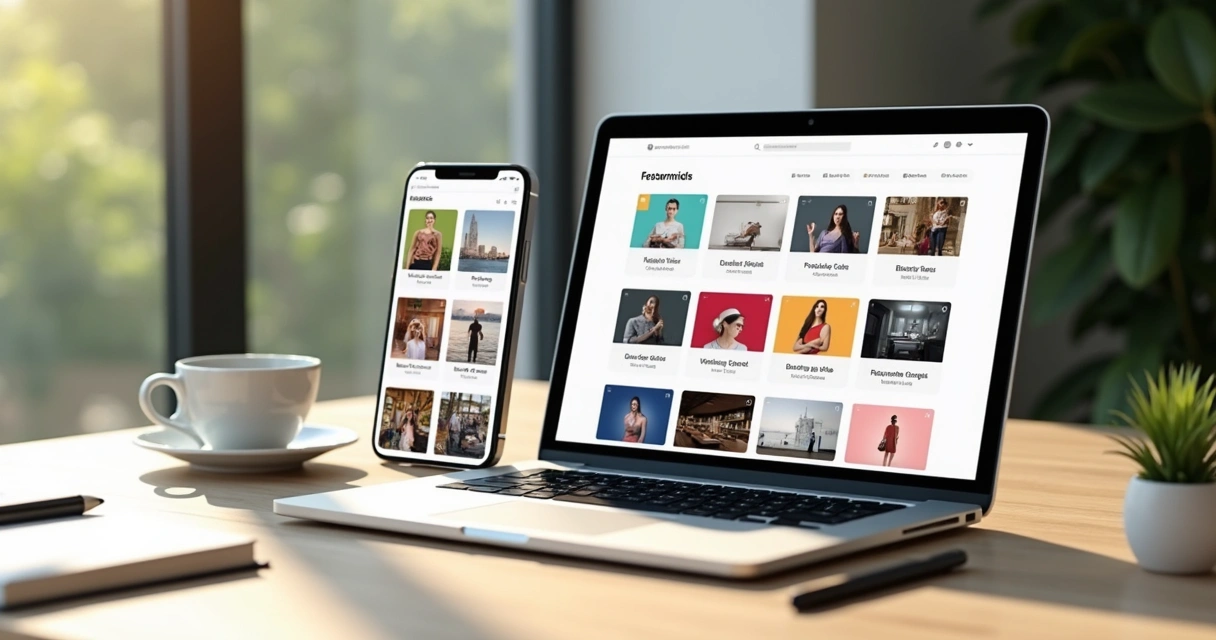Painel com categorias de templates de site em notebook e celular 