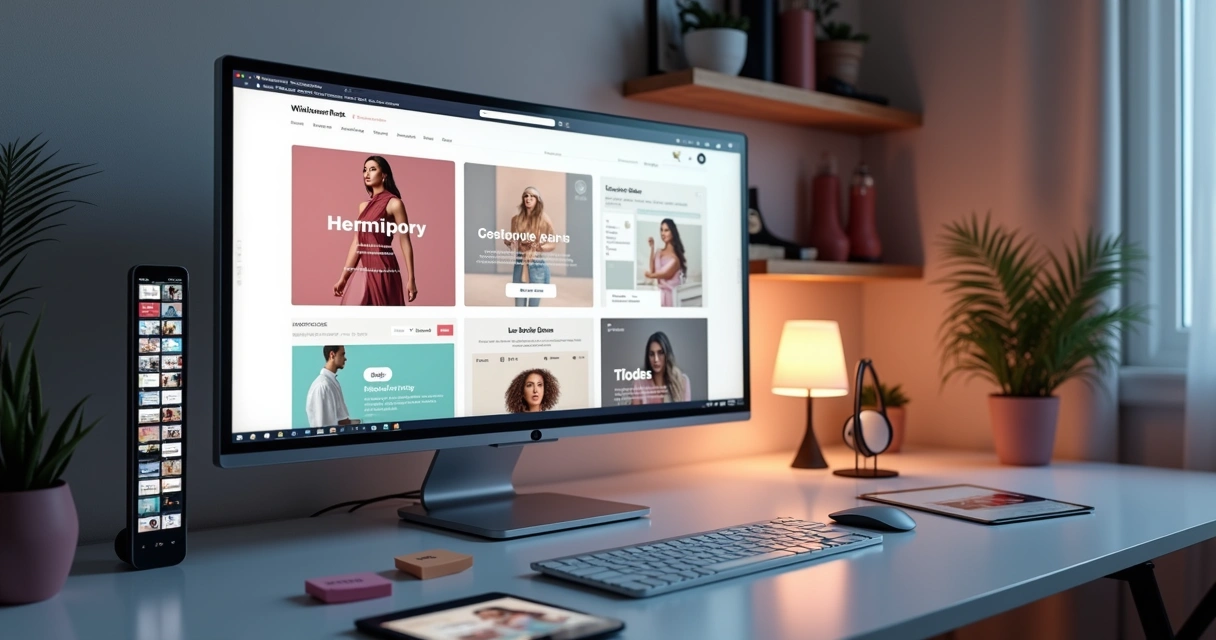 Coleção de telas de sites de moda beleza loja virtual e blog em monitor ultrawide 