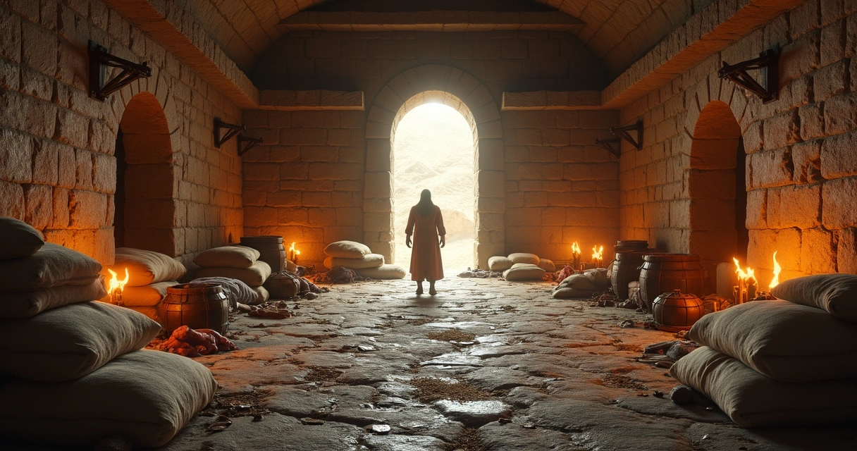 Sala do Ancient Temple com pilhas de farinha e carne espalhadas entre caixotes.