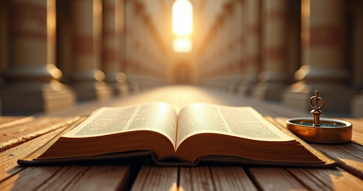 Uma Bíblia aberta, próxima a uma bússola e elementos de templo clássico ao fundo 