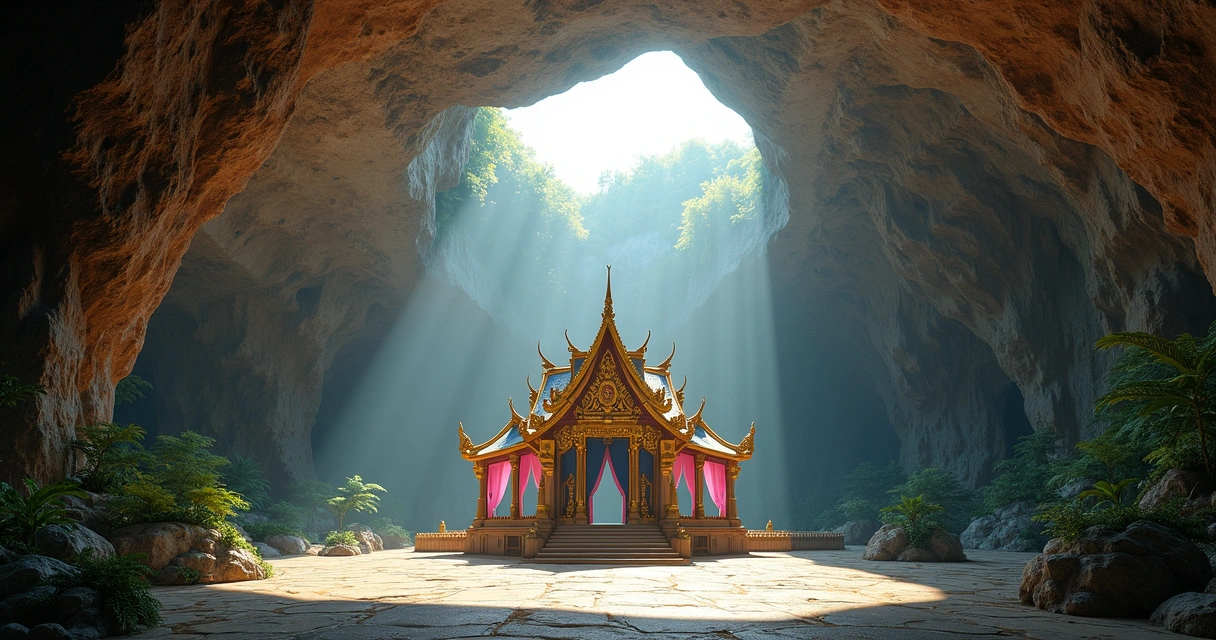 Templo real tailandês iluminado pelo sol dentro da caverna