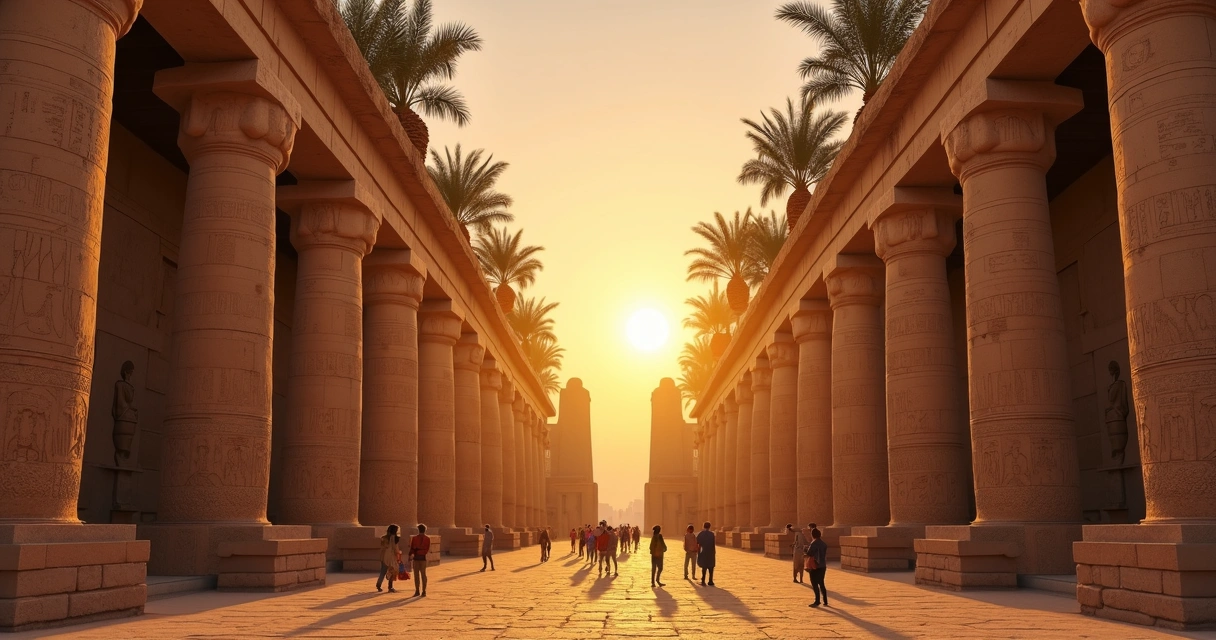 Templo egípcio antigo com colunas monumentais ao pôr do sol 