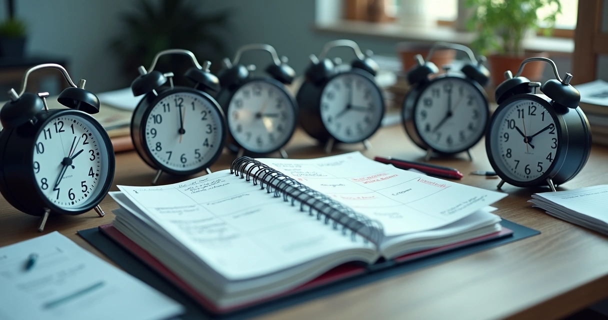 Agenda sobrecarregada com relógios ao redor, simbolizando pressão por rapidez 