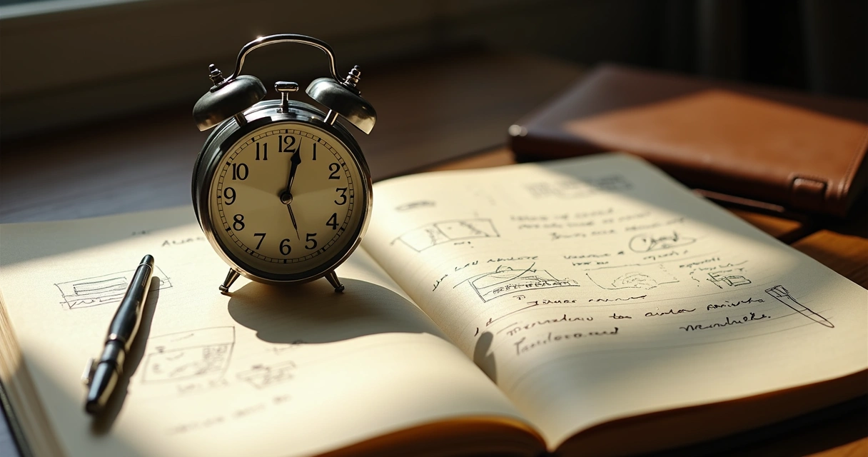 Relógio analógico sobre um livro aberto com anotações manuscritas. 