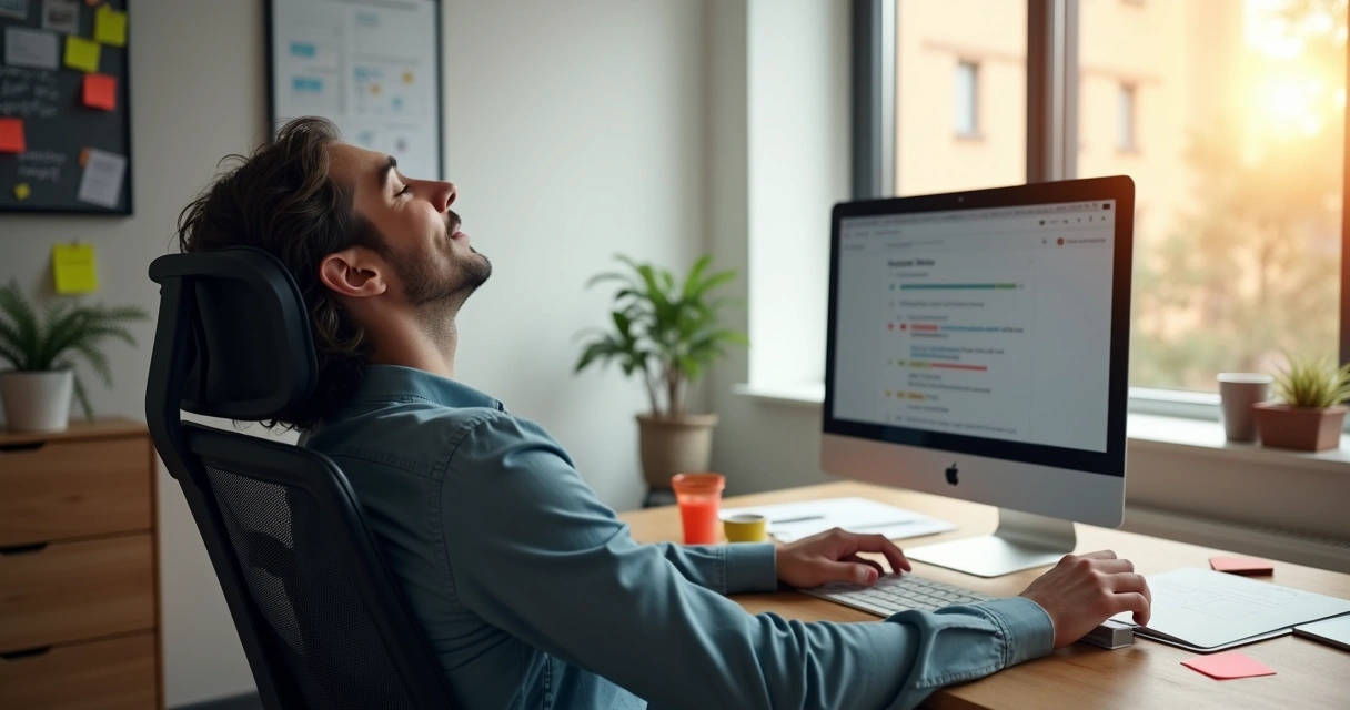 Profissional de escritório olhando pela janela, relaxado, após concluir trabalho rápido ao computador. 