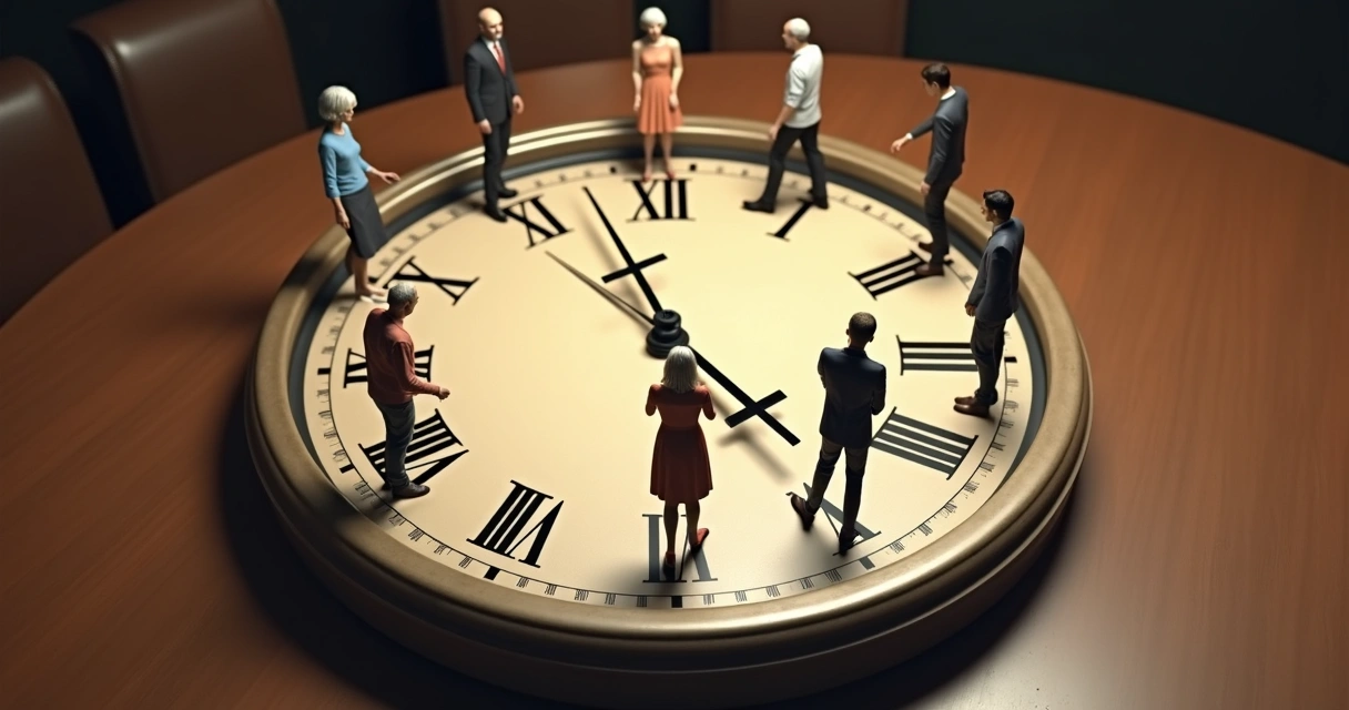 Relógio com pessoas caminhando ao redor de ponteiros 