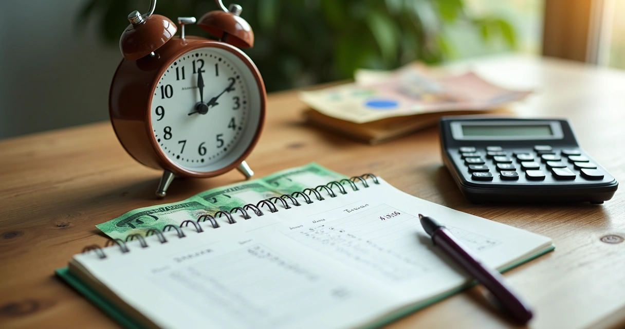 Relógio, cédulas e caderno financeiro sobre mesa 