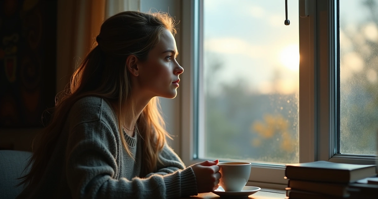 Pessoa olhando através da janela em dia nublado 