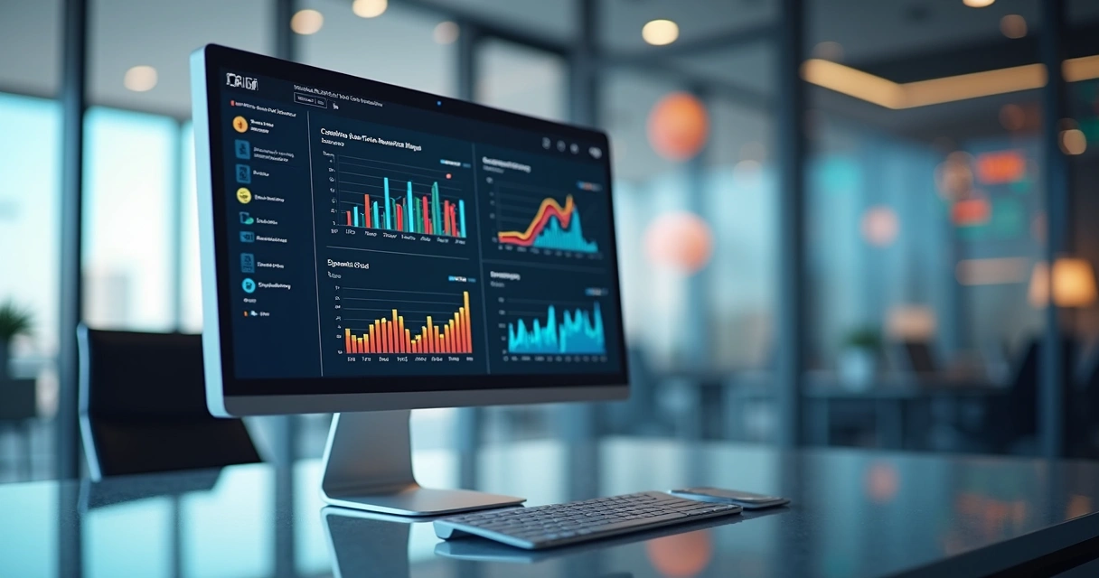 Dashboard digital com gráficos coloridos sobre lead time em marketing e interface de CRM integrada 