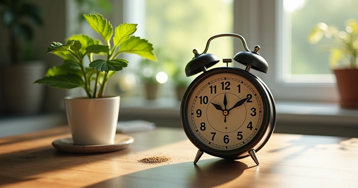 Relógio antigo ao lado de uma planta crescendo lentamente 