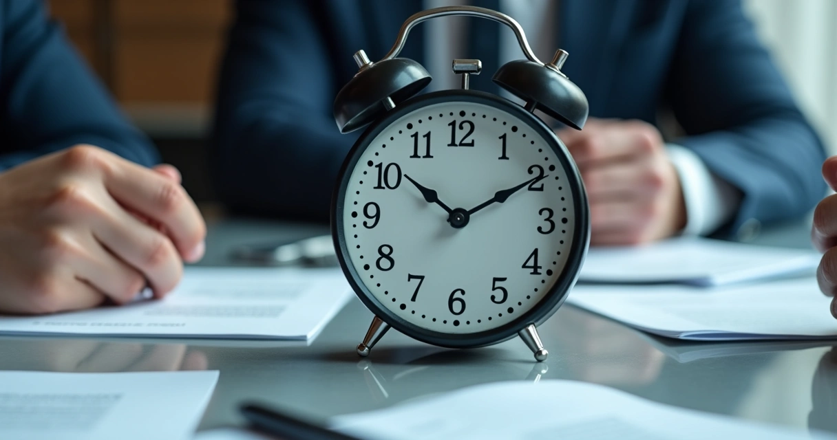 Relógio em destaque sobre mesa de reunião com duas pessoas olhando para o relógio e contratos ao redor 