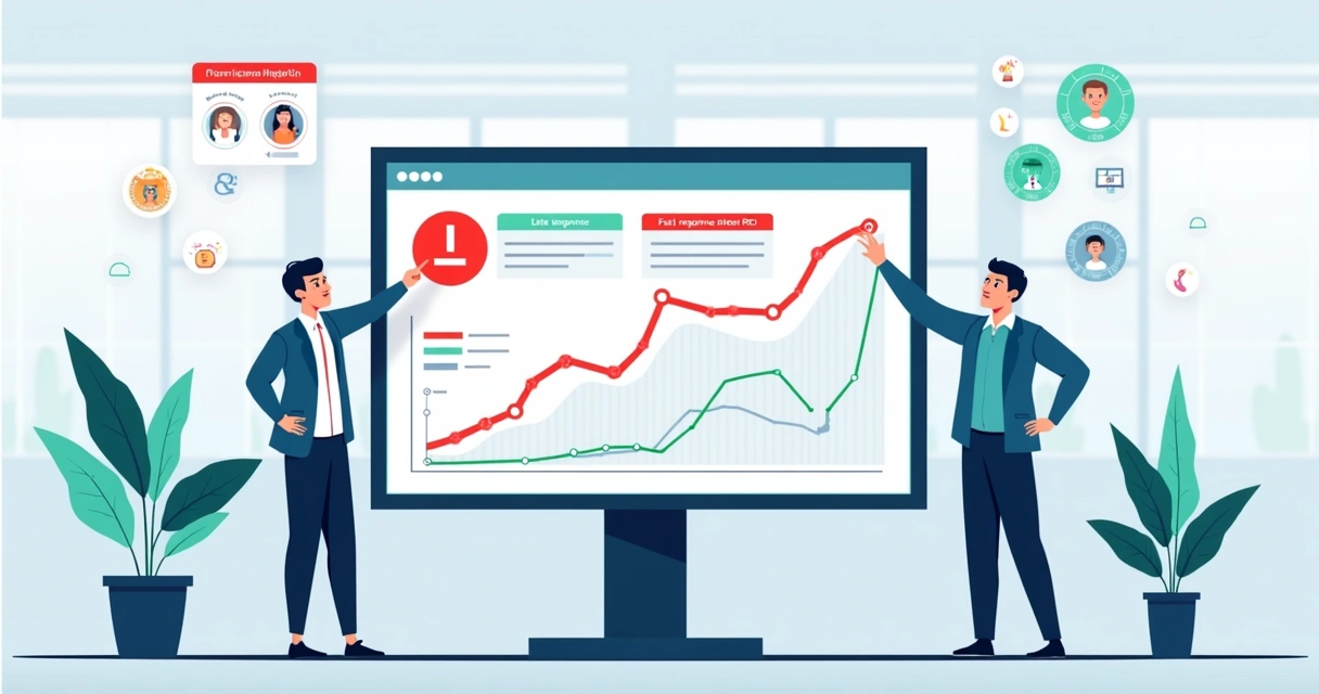 Equipe de marketing analisando painel de crise em tempo real com gráficos de ROI 