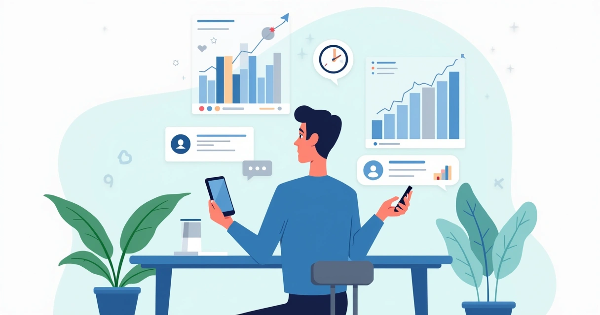 Ilustração plana corporativa de influenciador respondendo mensagens rápido em um smartphone com gráficos de reputação ao fundo 