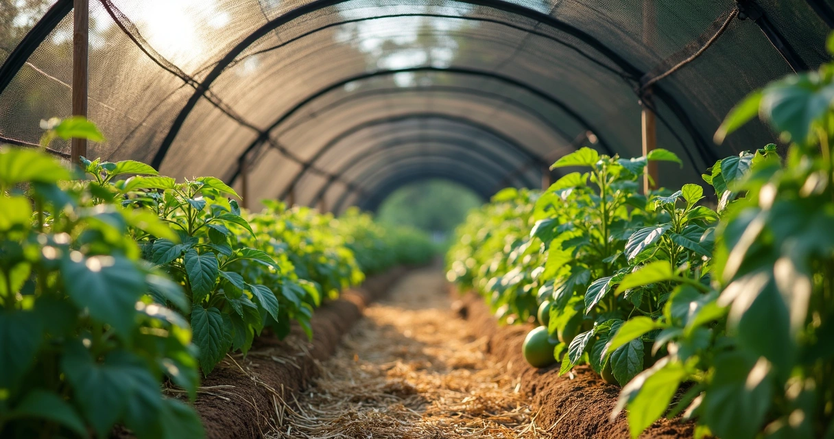 Vegetable bed in midsummer with temporary shade cloth structure 