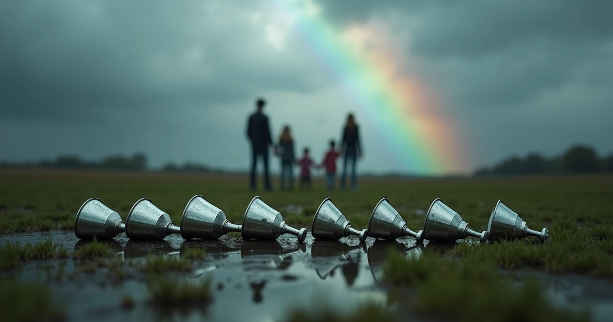 Tarot cups toppled in the rain while a family turns away 
