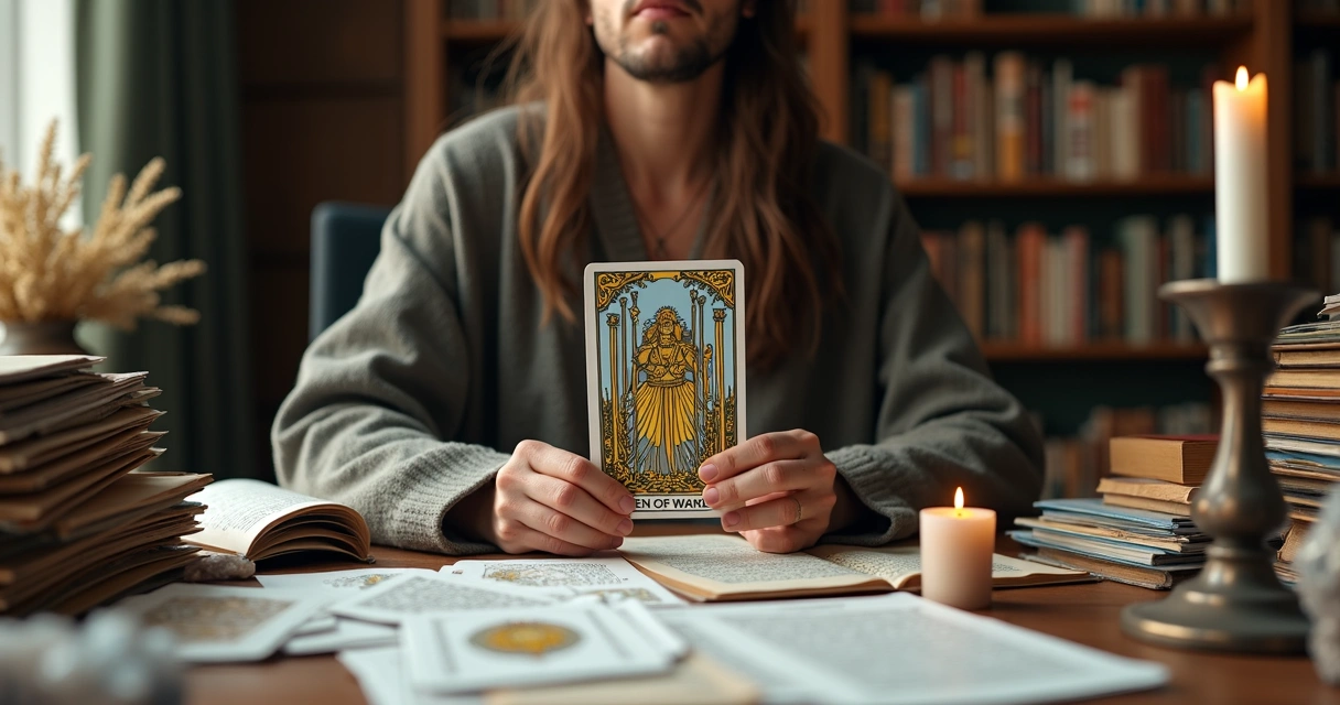 Tarot card reader holding Ten of Wands, surrounded by paperwork and spiritual tools 