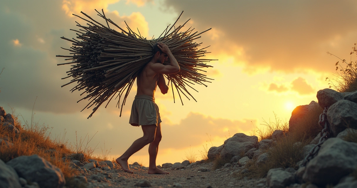 Tarot card Ten of Wands showing a figure carrying heavy bundles of sticks on a rugged path 
