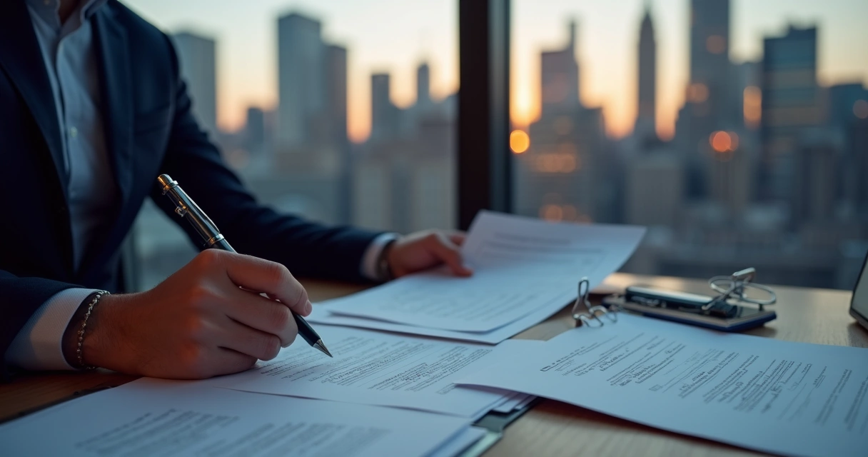 Reviewing tenant leases at a desk with NYC skyline through the window 