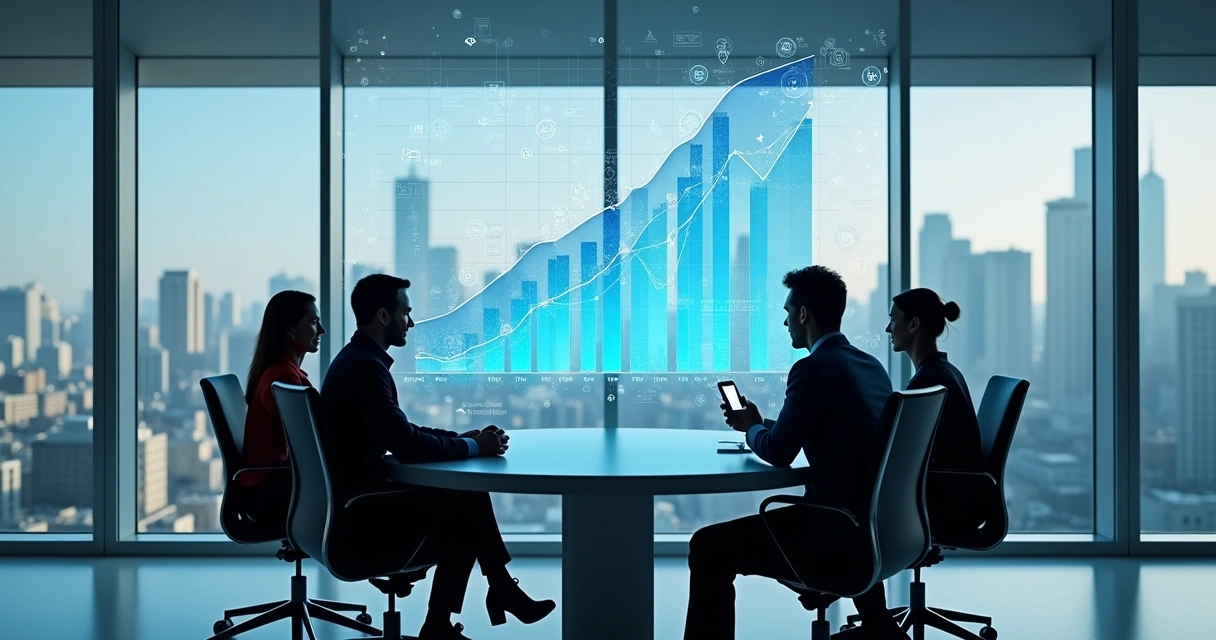 Sala de reuniões com gráficos sobre tendências de IA 