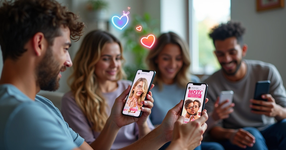 Grupo de jovens compartilhando vídeos de produtos virais em celulares 