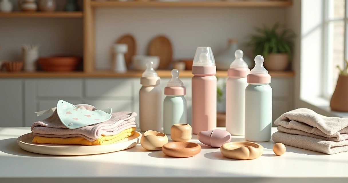 Mesa decorada com diversos acessórios de bebê coloridos organizados em destaque 