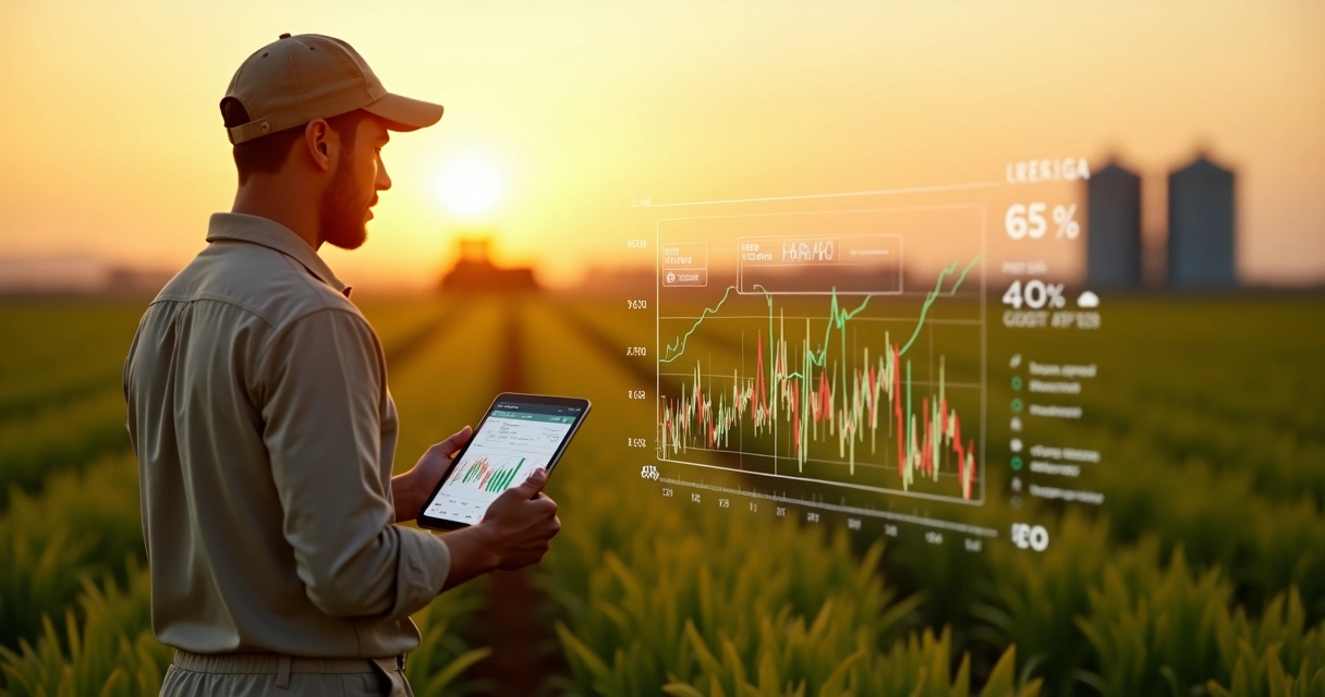 Produtor rural usando tablet em plantação de soja com gráficos financeiros sobrepostos 