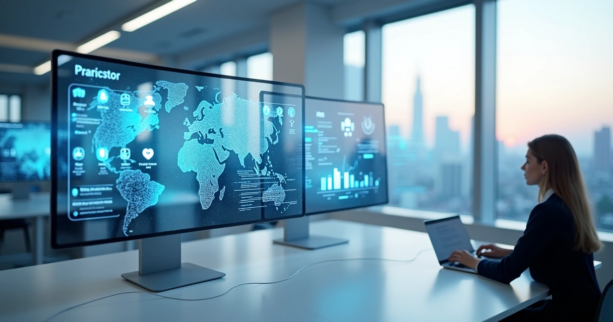 Telas tecnológicas simulando tendências do atendimento com IA 