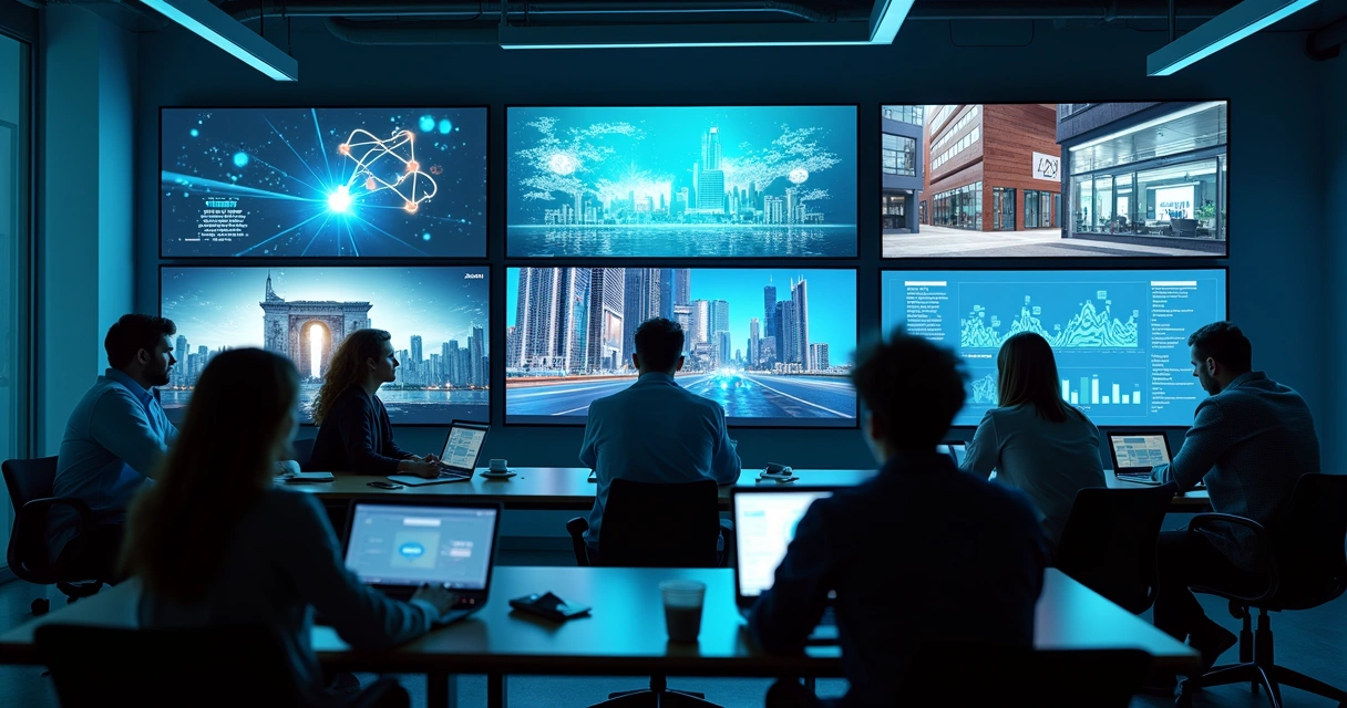 Vídeos e gráficos digitais em telas grandes de dispositivos em uma sala escura 