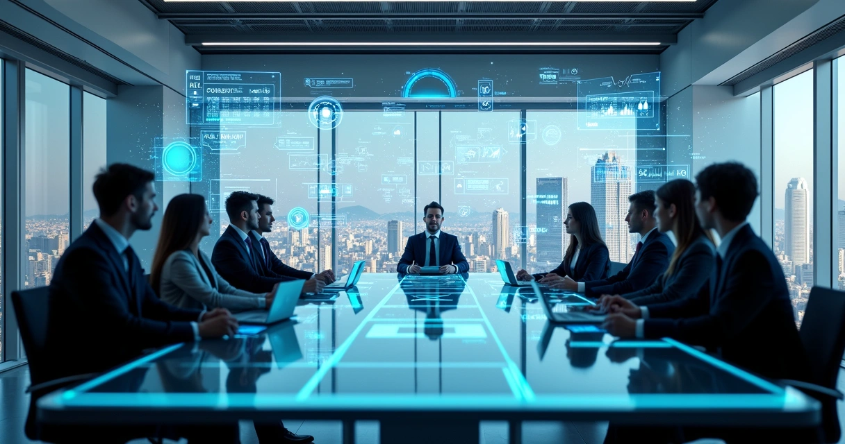 Mesa de reuniões futurista com painéis digitais e gráficos de automação 