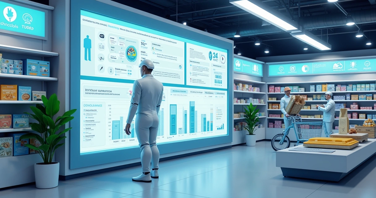 Painel futurista mostrando tendências de automação no varejo 