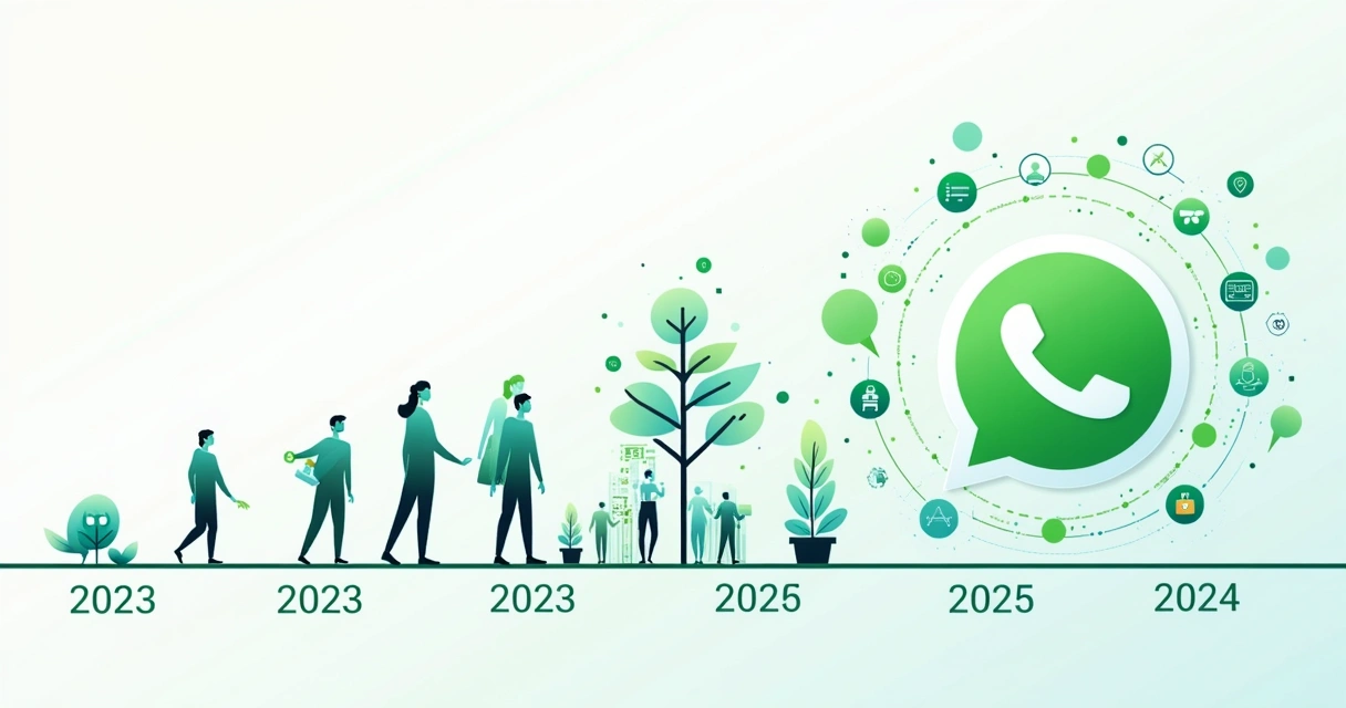 Linha do tempo ilustrada mostrando a evolução da automação inteligente no WhatsApp até 2026 