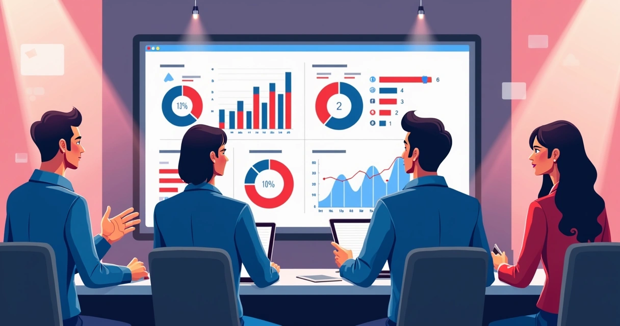 Equipe analisando tendências digitais em uma sala de campanha 
