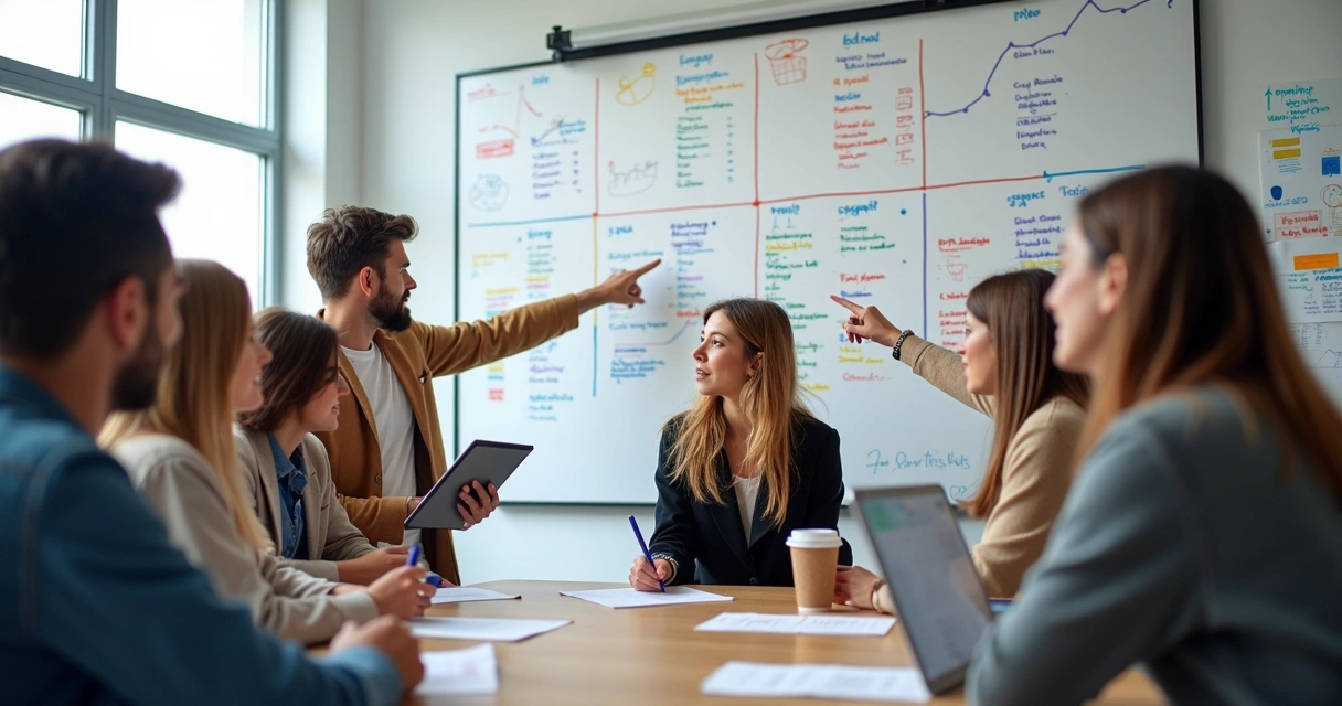 Jovens reunidos analisando tendências de carreira em quadros brancos 