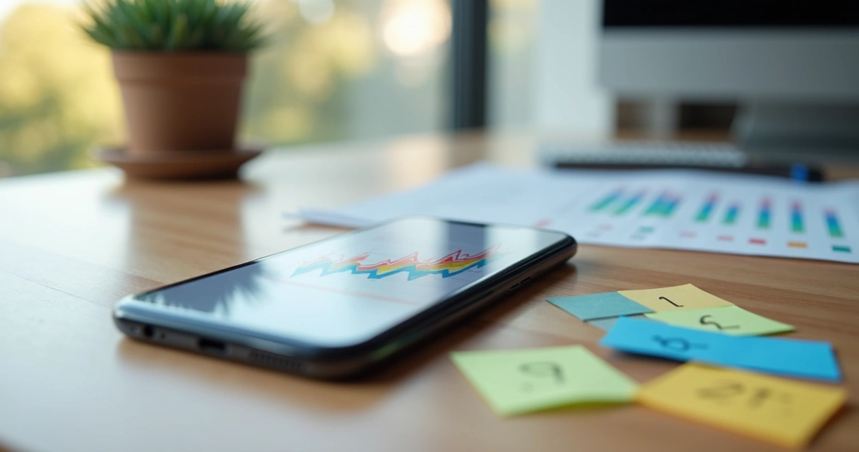 Gráfico colorido mostrando tendências de clientes em tela de celular sobre mesa de madeira clara