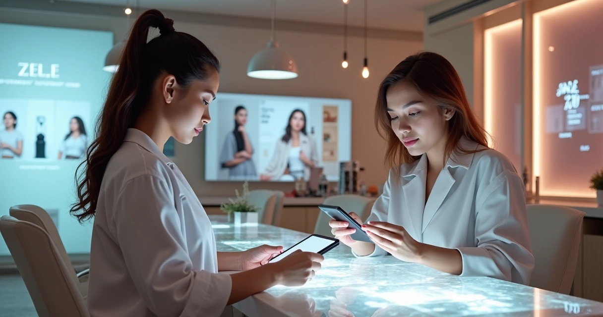 Salão de beleza digital com clientes usando apps e tecnologias 