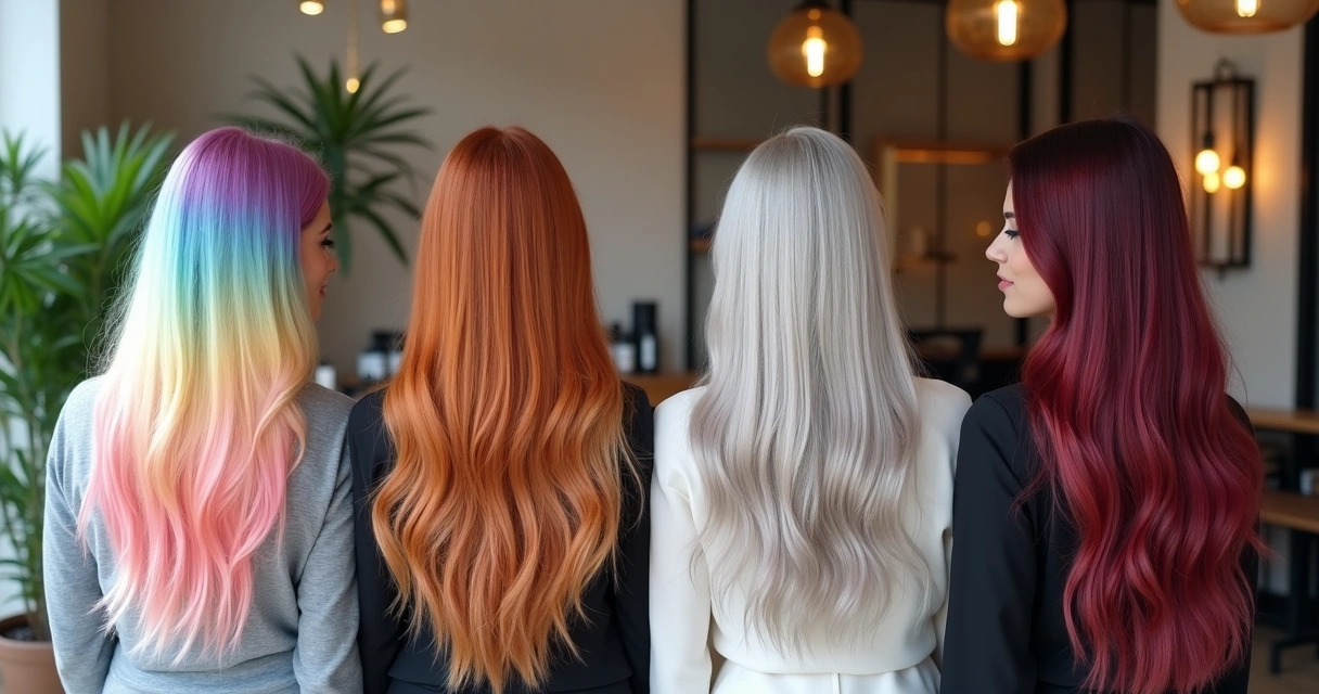 Demonstração visual de tendências atuais em coloração de cabelo com modelos usando estilos modernos 