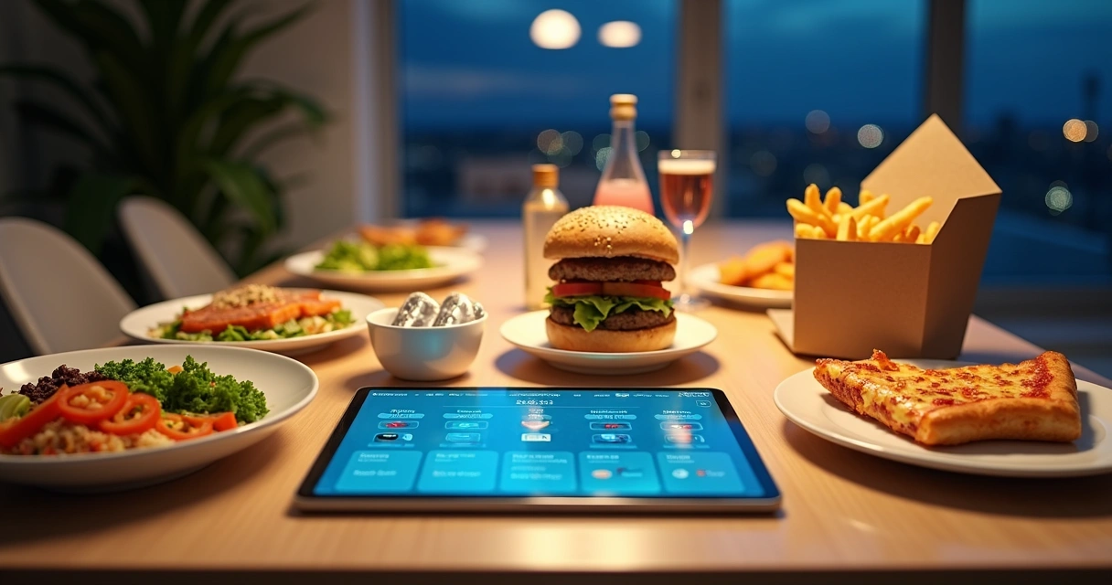 Mesa com pratos saudáveis e fast food ao lado de tablet mostrando app de delivery futurista 