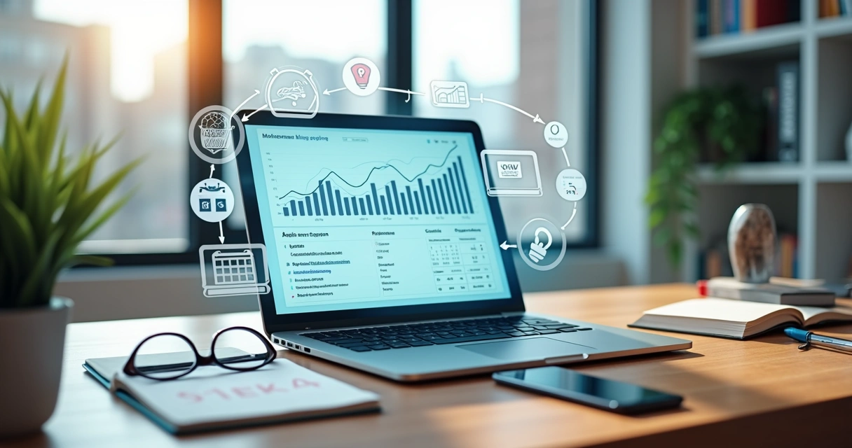 Tela de notebook com gráficos de crescimento e ícones de conteúdos evergreen em ambiente de escritório moderno 