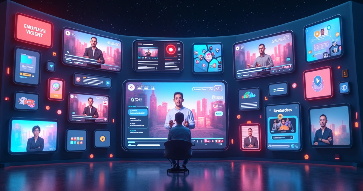 Painel com elementos de IA, vídeo, stickers populares e lives 