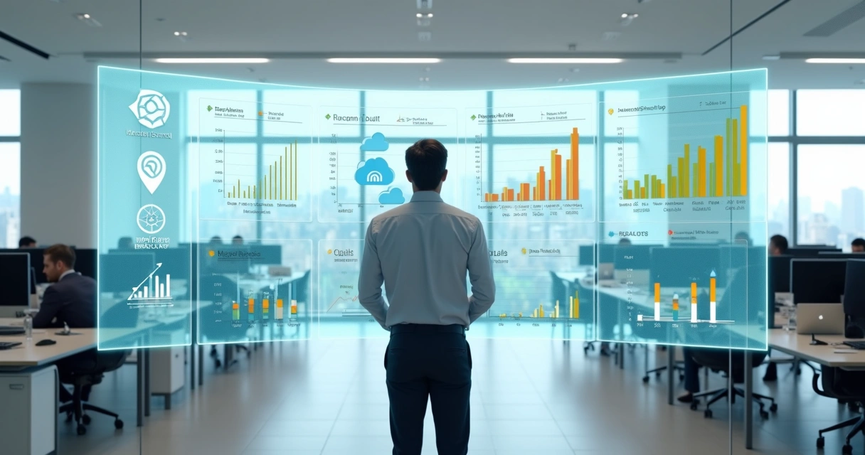 Gestor analisando painel digital de controle de ponto em escritório moderno 