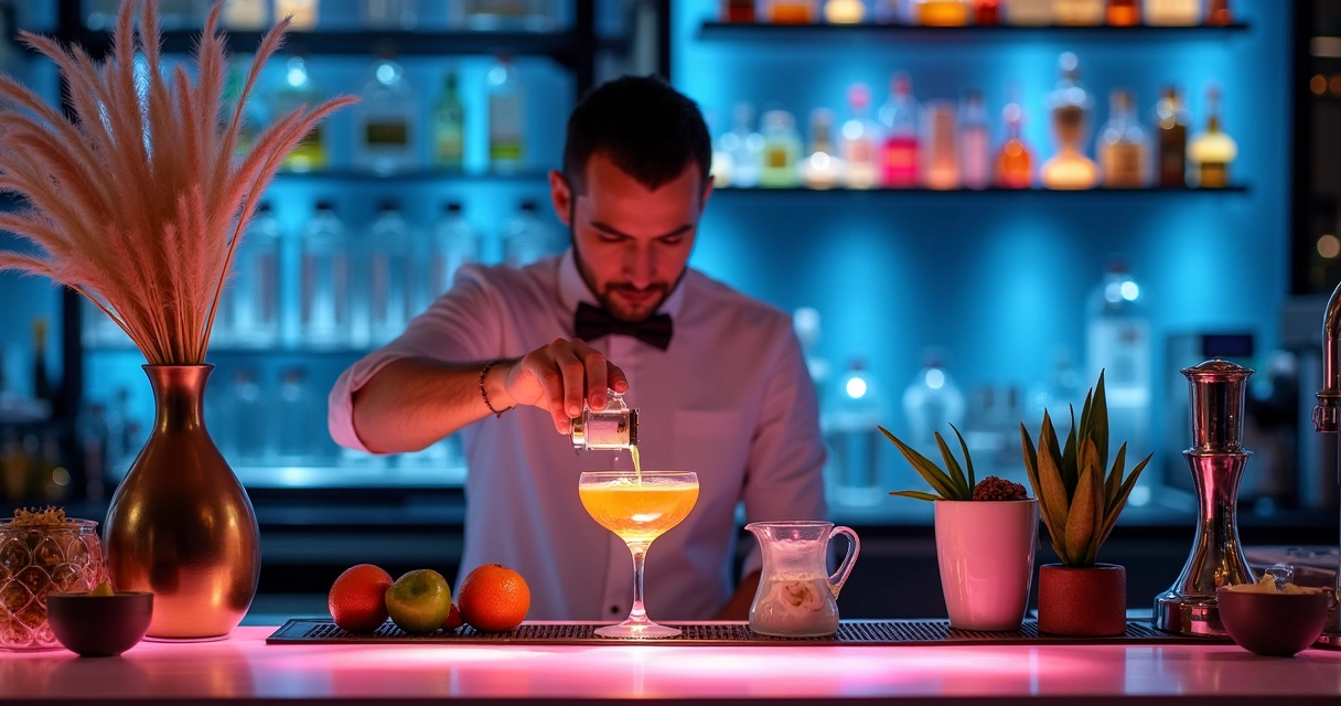 Bartender profissional utilizando técnicas modernas e ingredientes coloridos para criar drinks inovadores 
