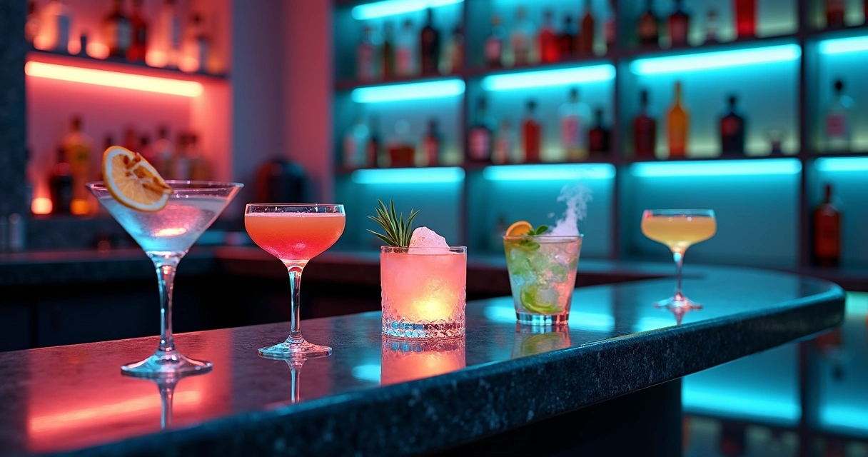 Balcão de bar futurista com coquetéis coloridos alinhados 