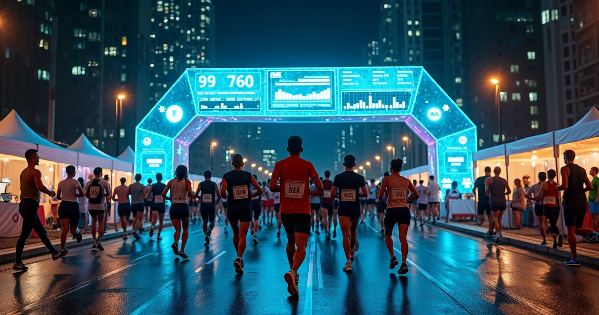Largada noturna de corrida de rua com painel digital futurista acima do arco 