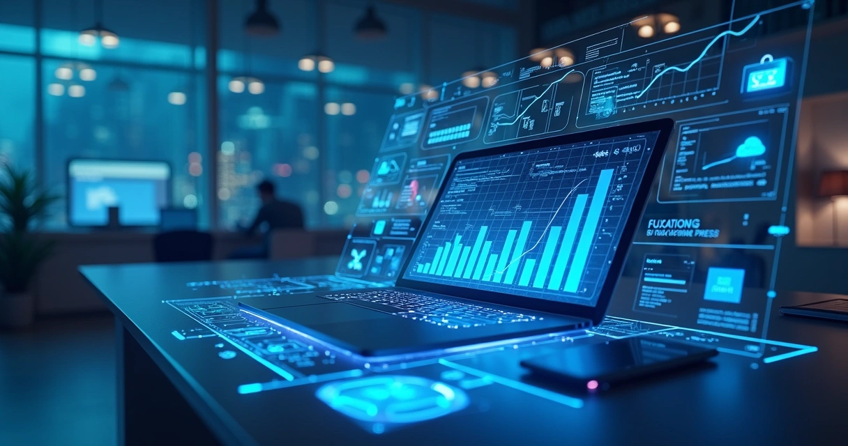 Painel digital mostrando gráficos de tendências em criadores de site e elementos de inteligência artificial 