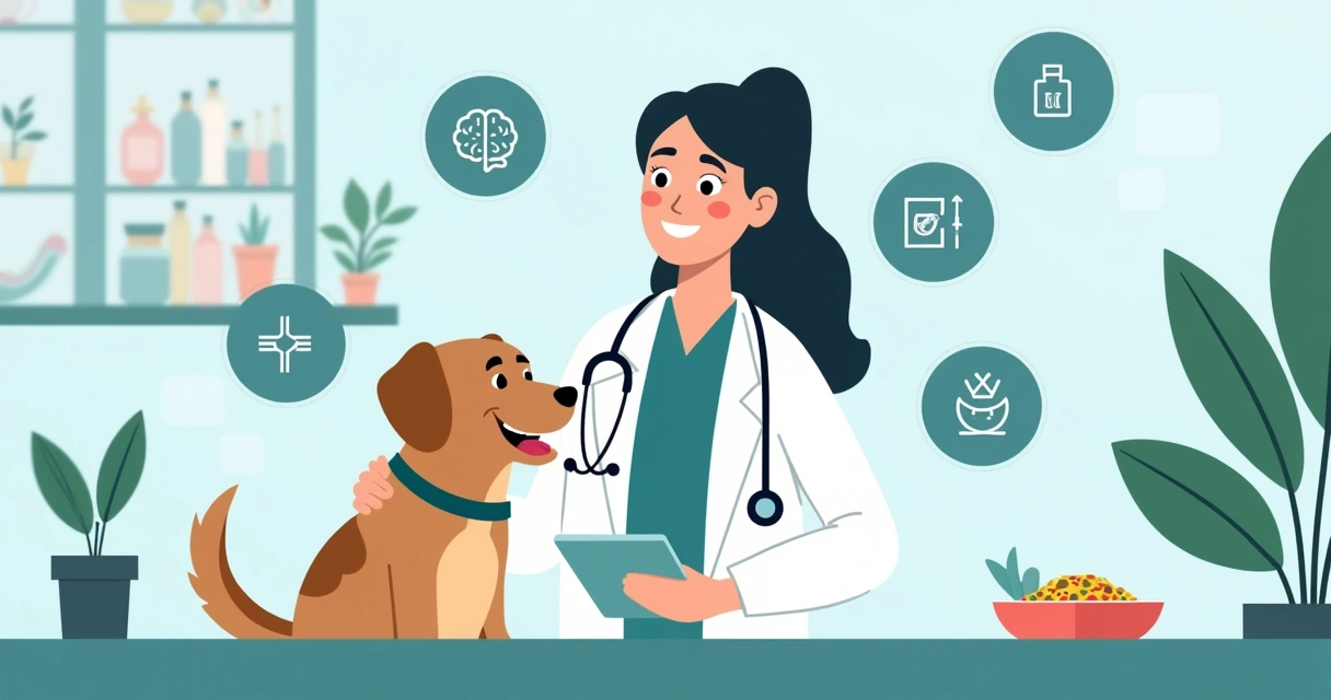 Ilustração corporativa de veterinário atendendo pet com elementos tecnológicos e de saúde 