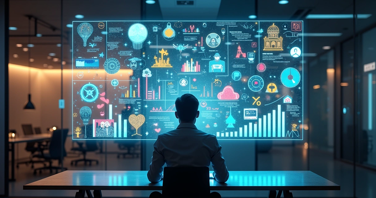 Pessoa observando tela com projeções digitais de tendências culturais e gráficos de mercados de previsão em ambiente moderno 