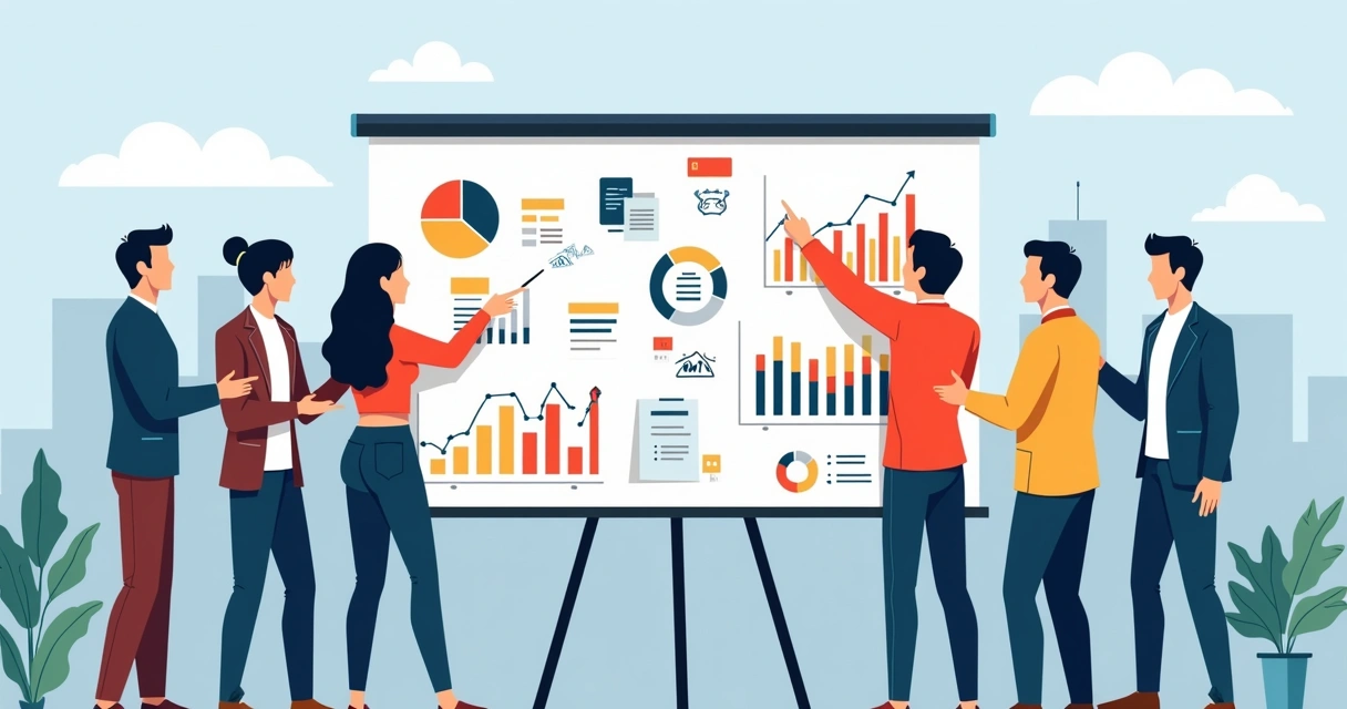 Profissionais discutindo tendências de marketing digital em uma lousa